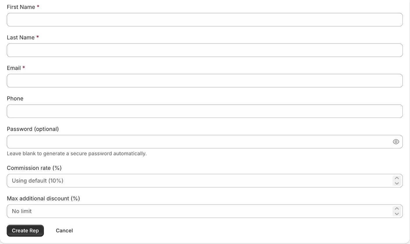 The Add Sales Rep form with First Name, Last Name, Email, Phone, Password (optional), Commission rate and Max additional discount