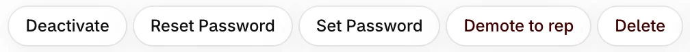 The buttons at the top of a rep page: Deactivate, Reset Password, Set Password, Demote to rep and Delete