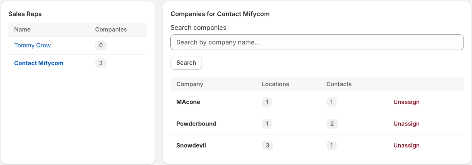 The Assignments page with a rep selected, listing their companies with locations, contacts and an Unassign link