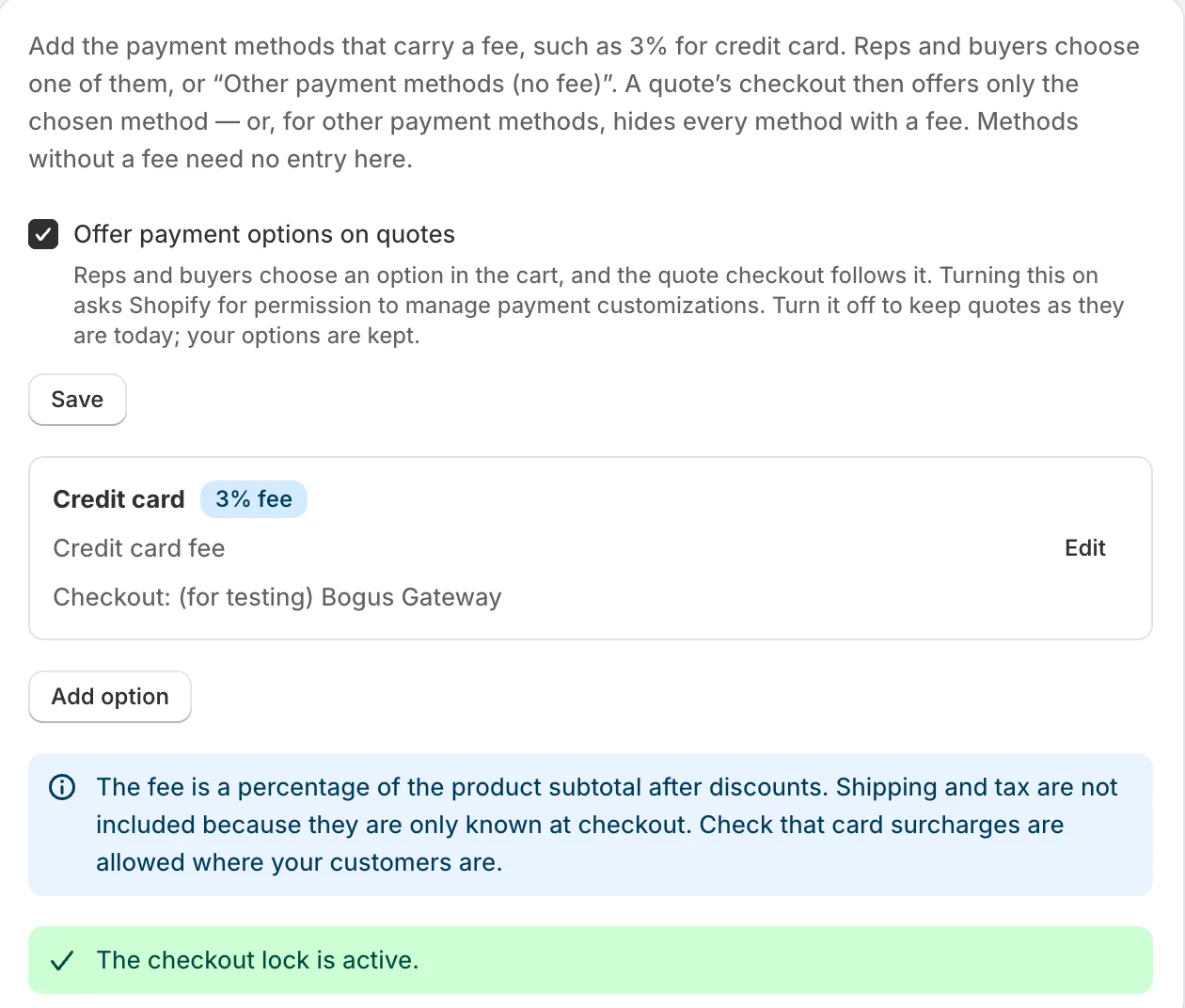 Settings, Payment options: Offer payment options on quotes ticked, a Credit card option with a 3% fee and its checkout payment method, and The checkout lock is active