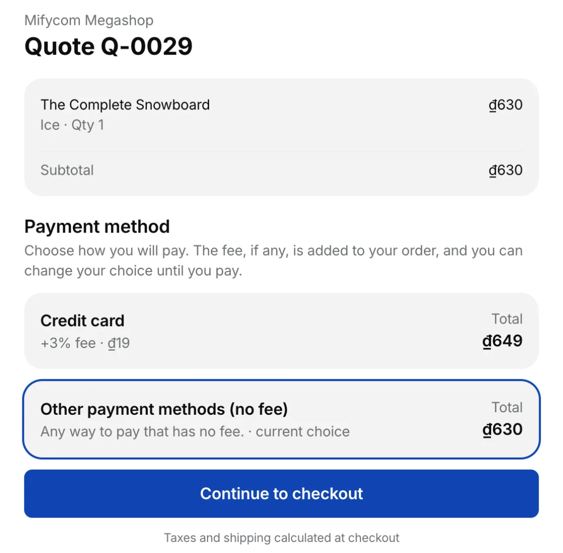 The customer's payment page: the quote's products and subtotal, Credit card with +3% fee and its total, Other payment methods (no fee) marked current choice, and Continue to checkout