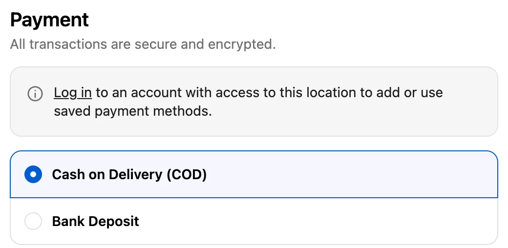 A quote's checkout on Other payment methods (no fee): Cash on Delivery (COD) and Bank Deposit offered, the card method hidden