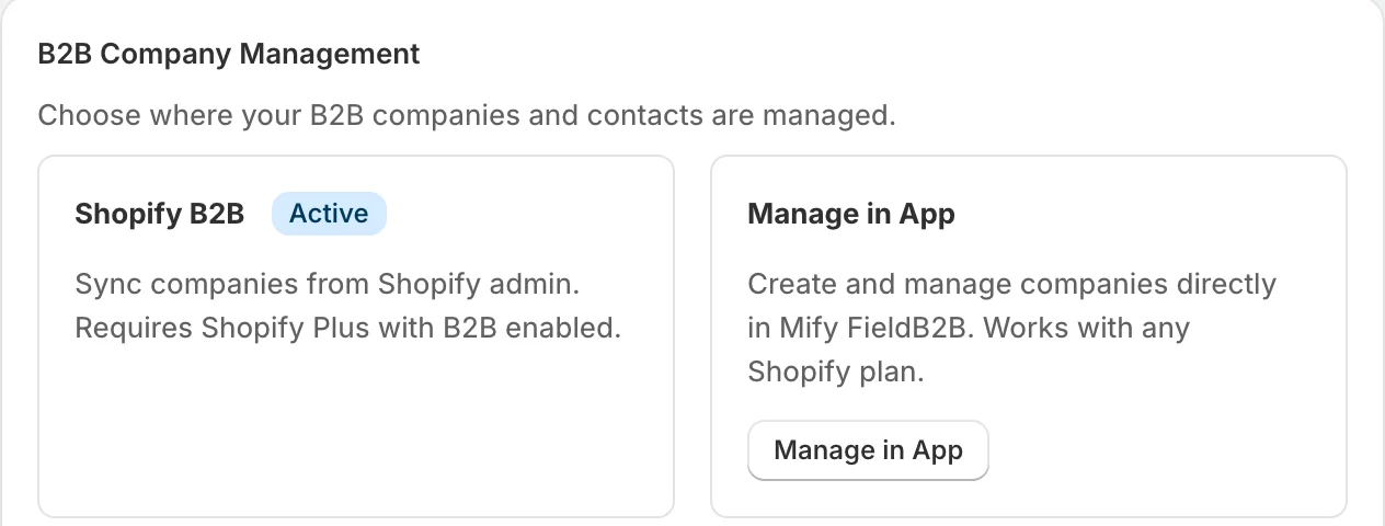 The B2B Company Management settings, with Shopify B2B marked Active and a Manage in App button