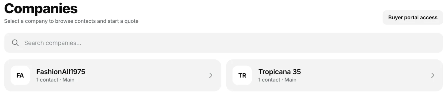 The rep portal Companies page with a search box and two company cards