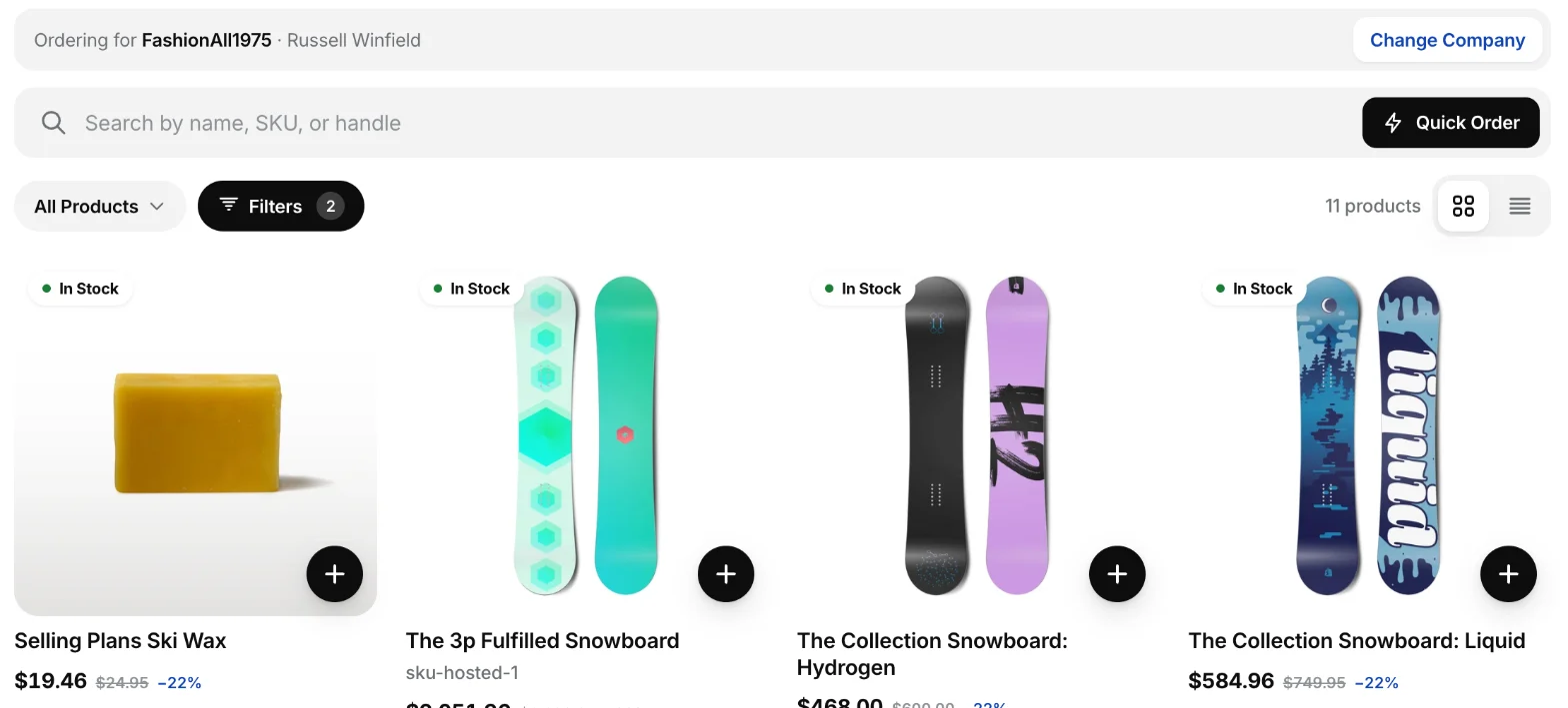 The catalog for a company, with search, Quick Order, filters and product cards showing stock and the company price next to the crossed-out retail price