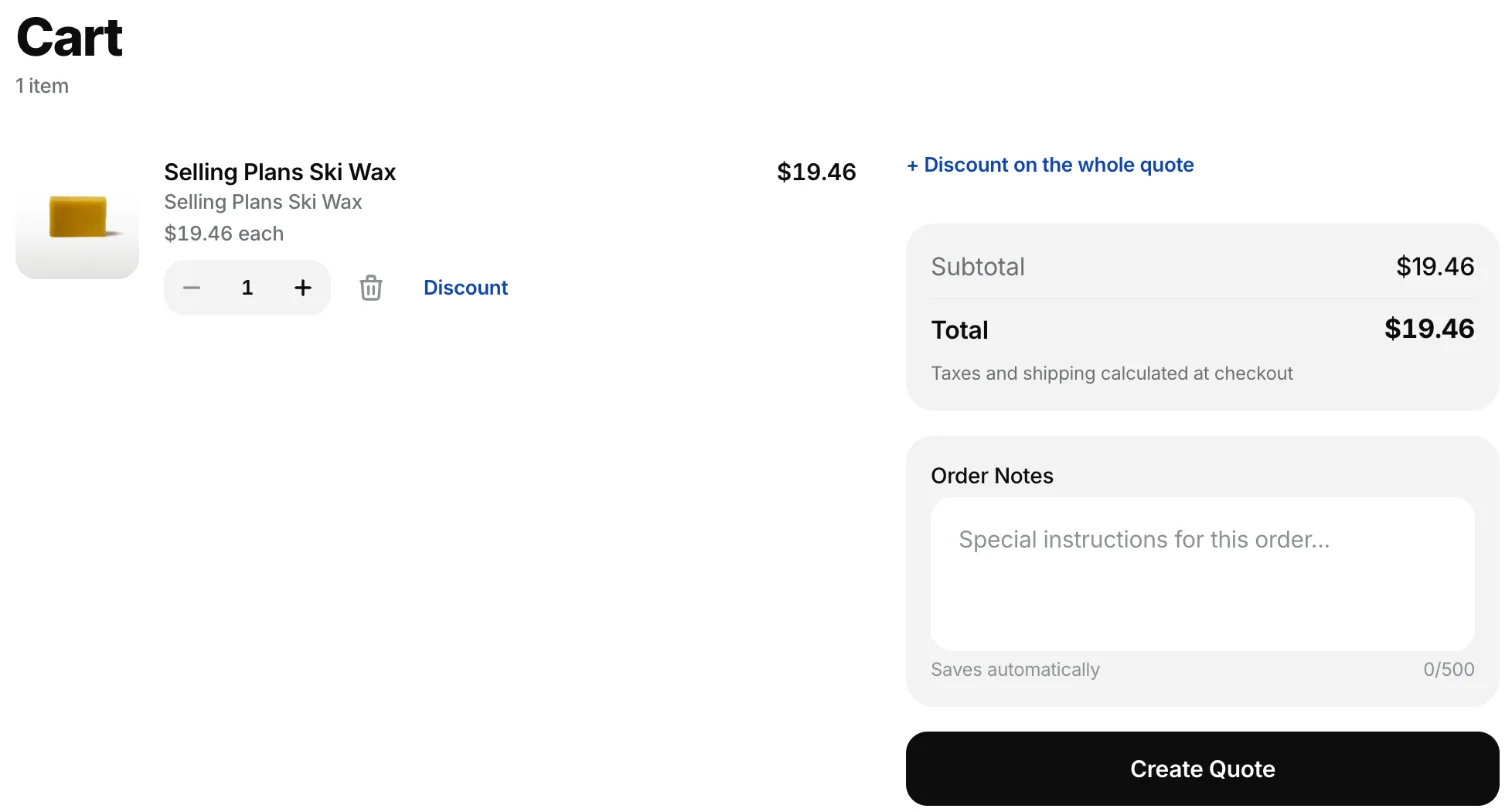 The Cart with one product, a Discount link, + Discount on the whole quote, the totals, Order Notes and the Create Quote button