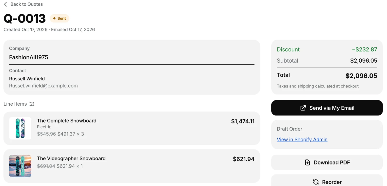 A sent quote showing the company, contact, discounted line items and totals, with Send via My Email, View in Shopify Admin, Download PDF and Reorder