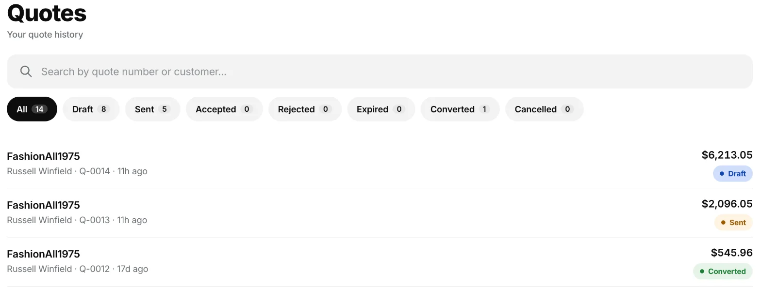 The Quotes page with status filters and quotes marked Draft, Sent and Converted