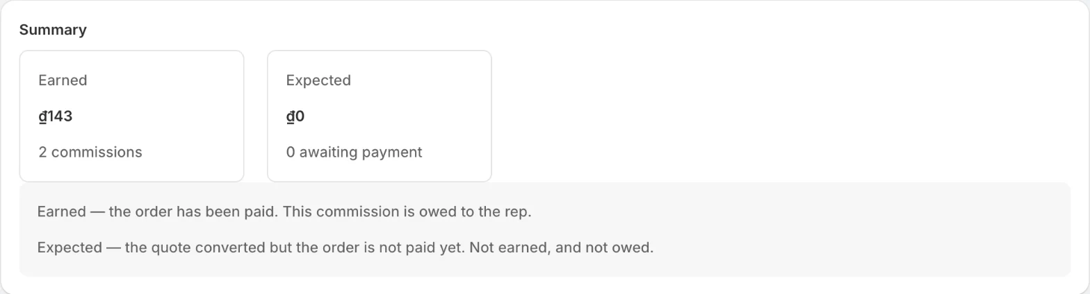 The Commissions summary in the app: Earned (the order has been paid) and Expected (converted but not paid yet)