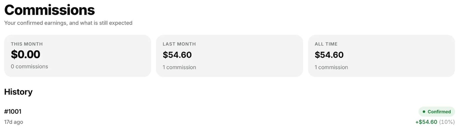 The Commissions page in the rep portal with This month, Last month and All time totals and a confirmed commission in the history