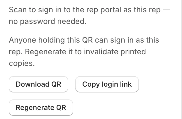Under the rep portal QR code: a note that anyone holding it can sign in, and the Download QR, Copy login link and Regenerate QR buttons