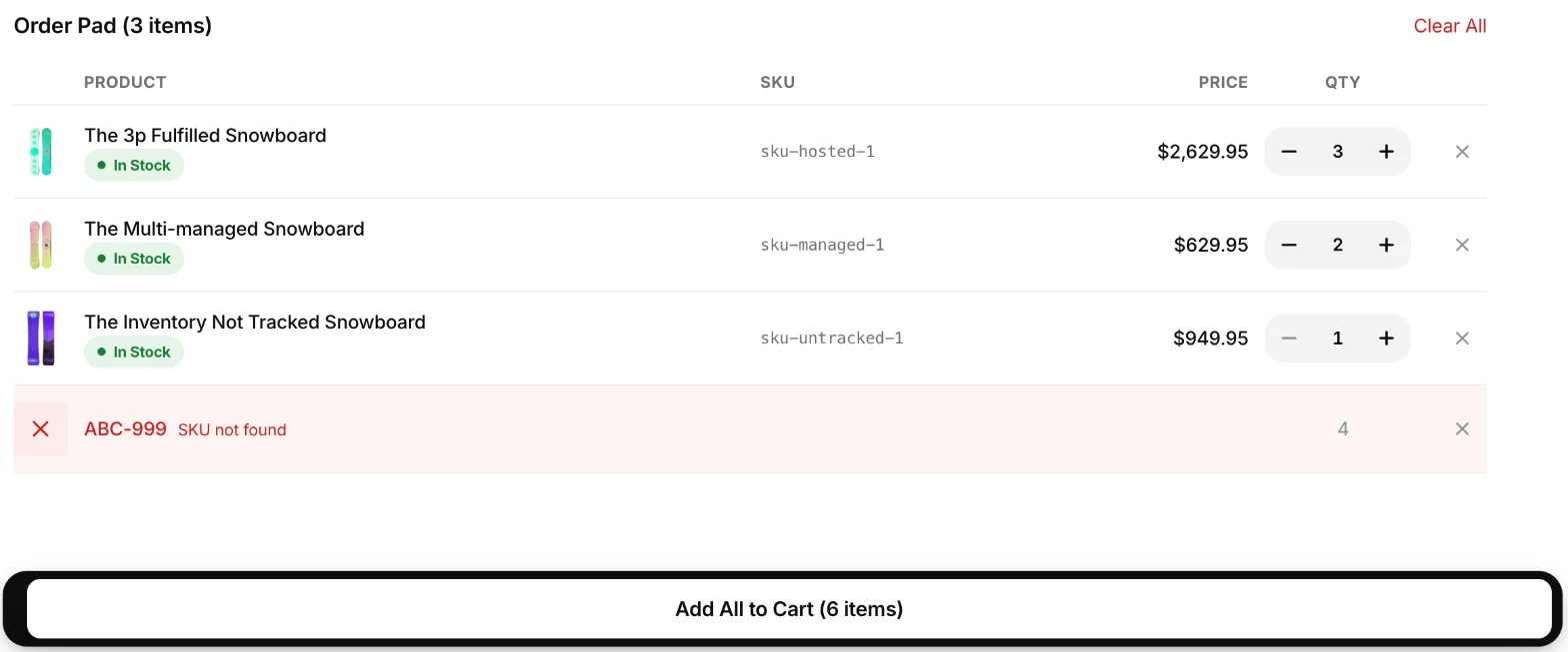 The Order Pad with three matched snowboards at quantities 3, 2 and 1, a red ABC-999 line marked SKU not found, and the Add All to Cart (6 items) button