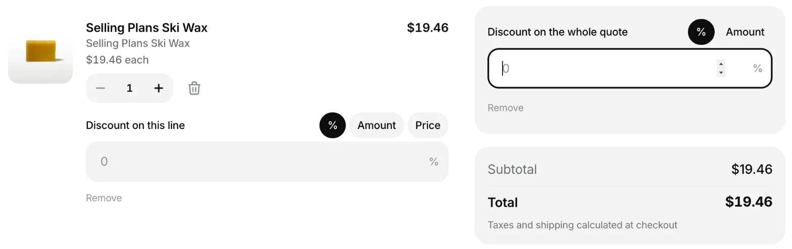 The cart with Discount on this line (%, Amount, Price) under the product and Discount on the whole quote (%, Amount) above the totals