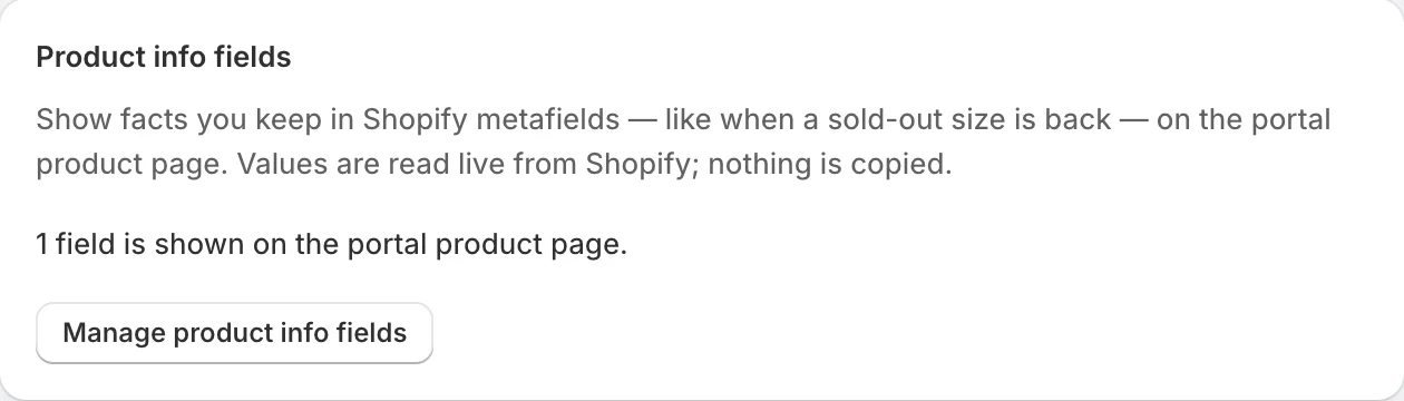 The Product info fields card in Settings, showing how many fields are shown and the Manage product info fields button