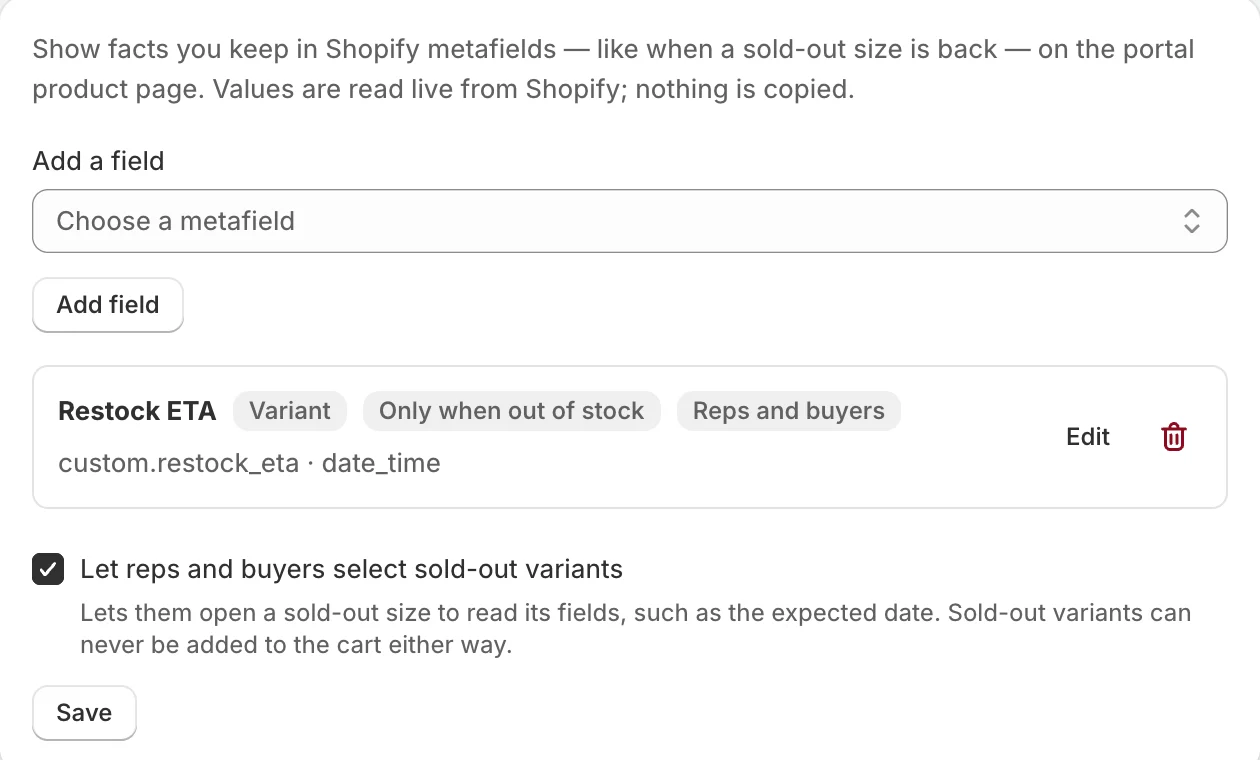 The Product info fields page: the Add a field picker, one configured field with Variant, Only when out of stock and Reps and buyers badges, and the sold-out variants setting