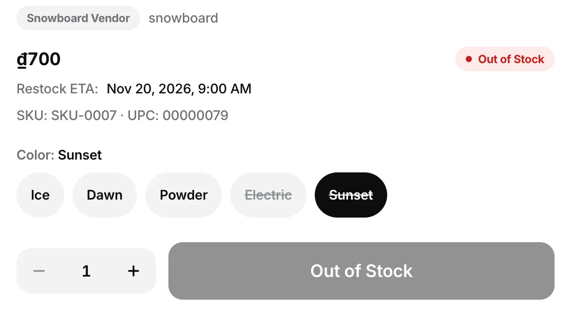 A product page with the sold-out Sunset option selected: Restock ETA Nov 20, 2026, 9:00 AM under the price, and a disabled Out of Stock button