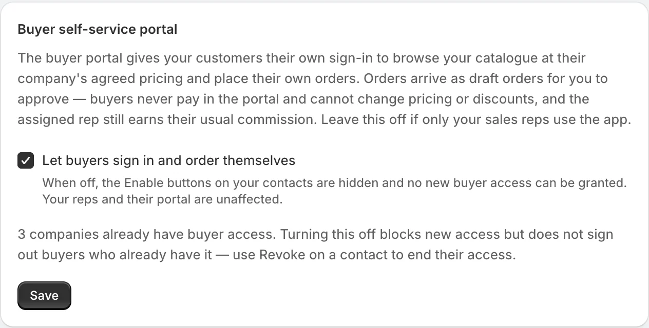 The Buyer self-service portal settings with Let buyers sign in and order themselves ticked and a Save button