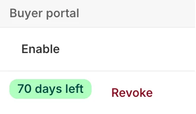 The Buyer portal column on a company page: Enable for one contact, and 70 days left with Revoke for another