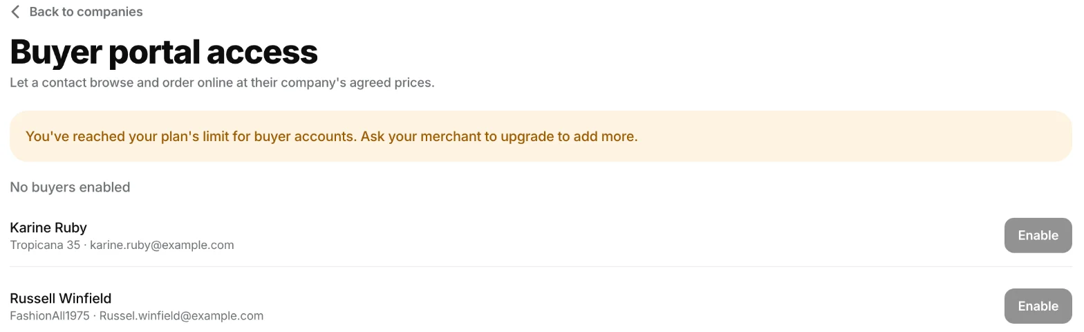 The rep portal Buyer portal access page, listing contacts with Enable buttons, here under a notice that the plan limit for buyer accounts is reached