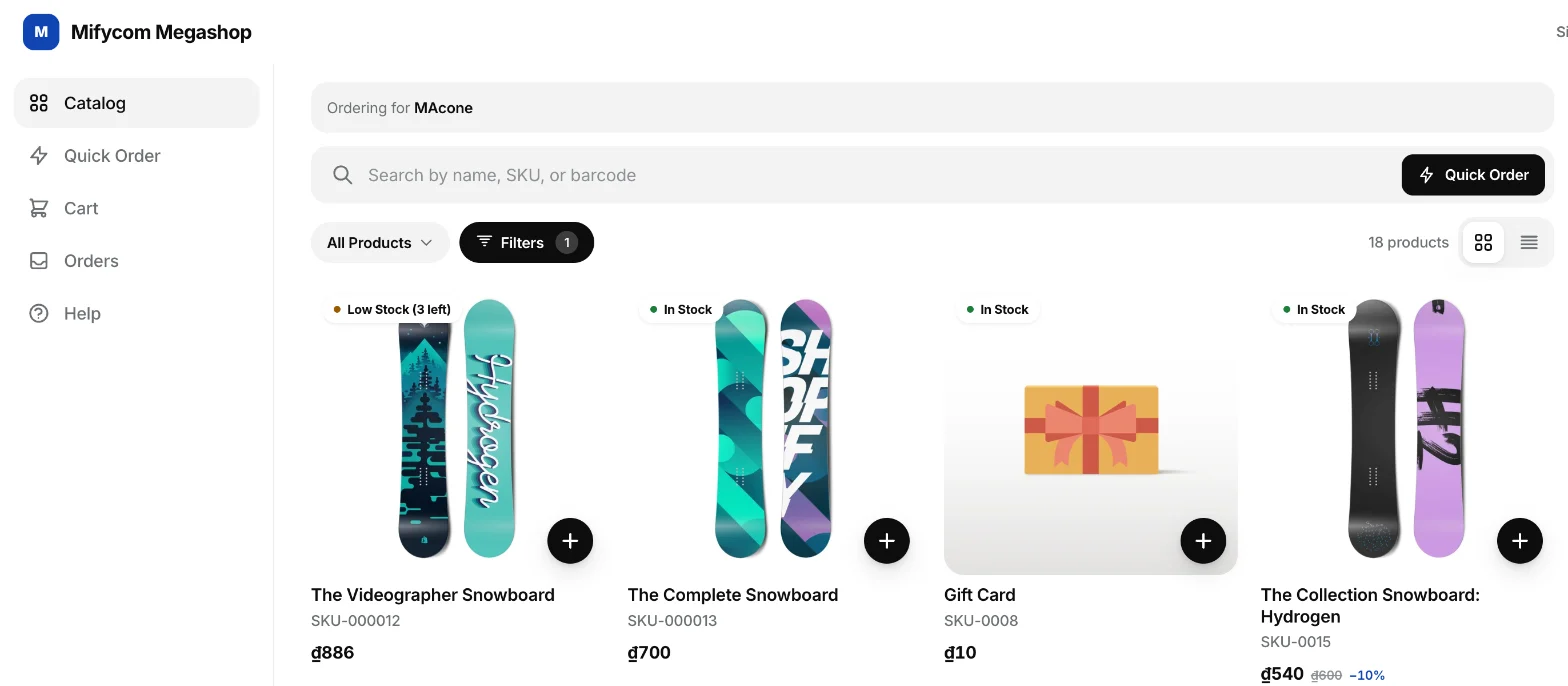 The buyer portal: a catalog at the buyer company prices with search, Quick Order and filters, and a menu with Catalog, Quick Order, Cart, Orders and Help